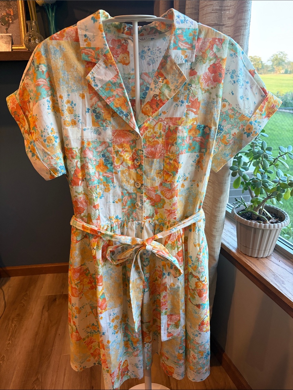 Talulah Patchwork Floral Button Front Shirt Dress Orange Yellow Blue